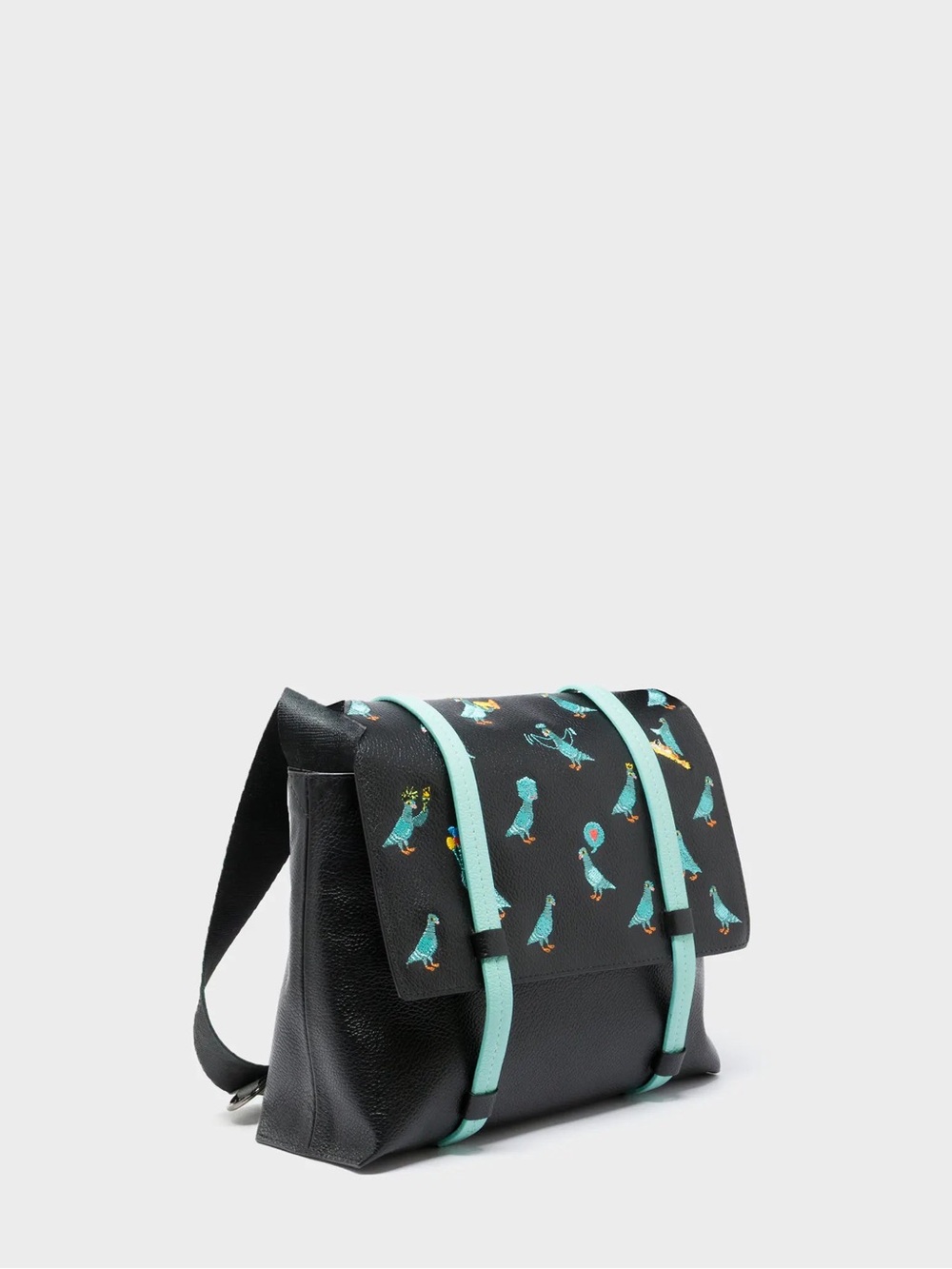 NWOT Victor Black Small Messenger Bag - Pigeonista Embroidery, with dust bag
